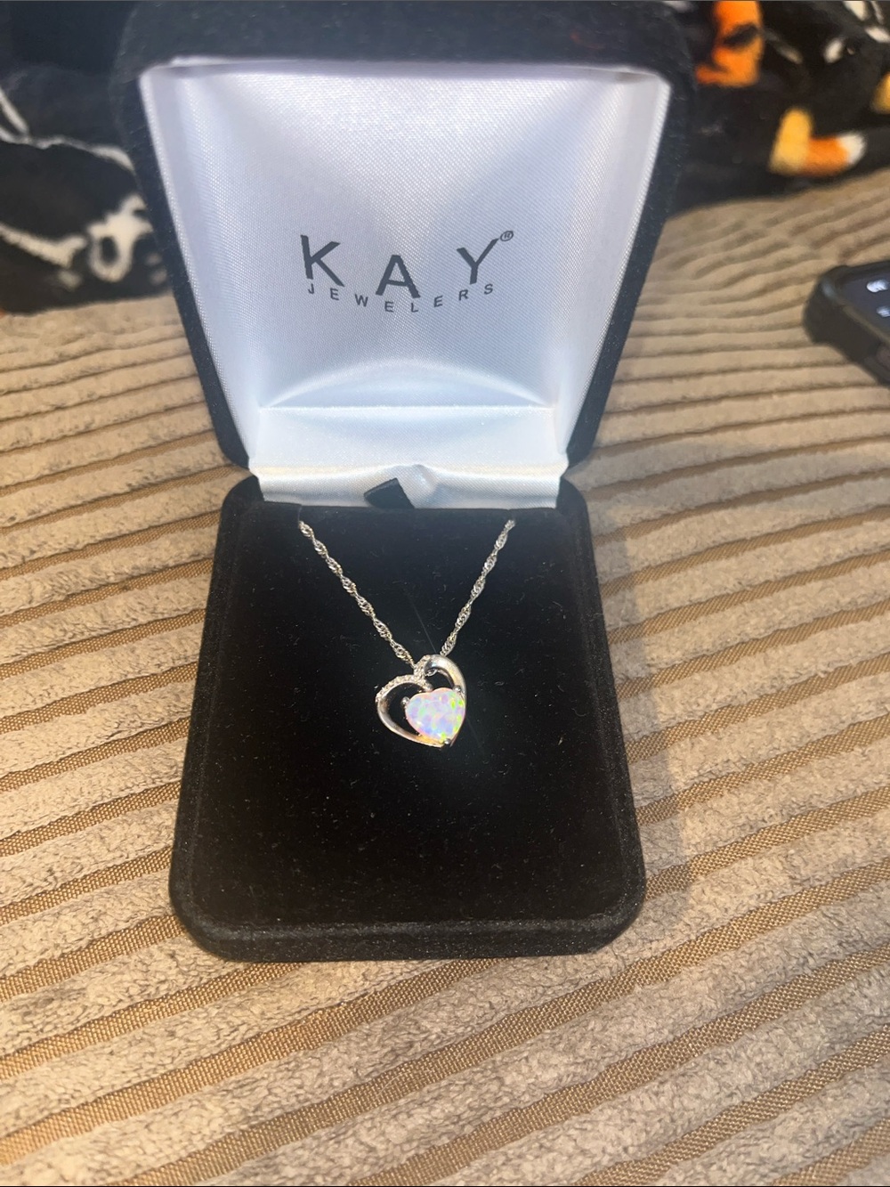 Kay Jewelers Silver Heart Pendant Necklace with Opal Accent